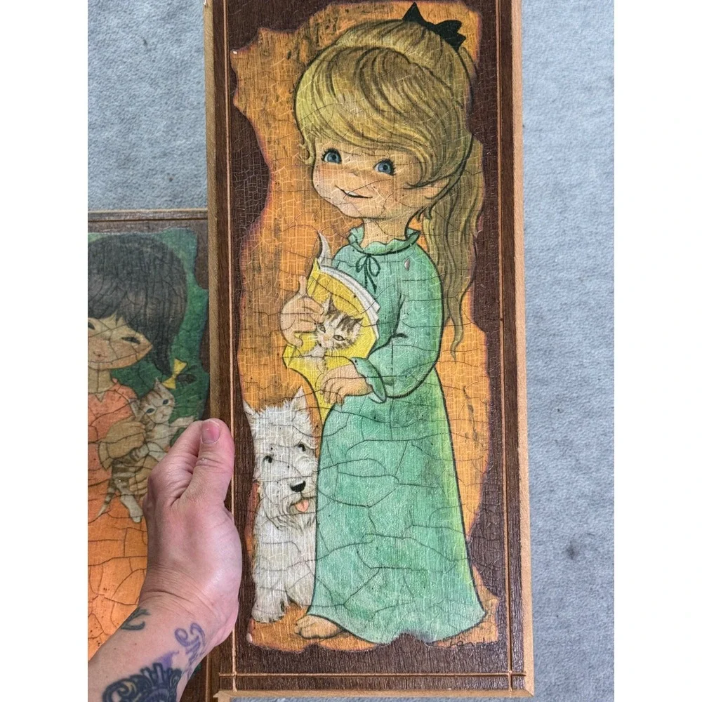 Vintage Big Eye Girl Wood Wall Plaques Set of 2 Londi 1970s Retro Kitsch Decor